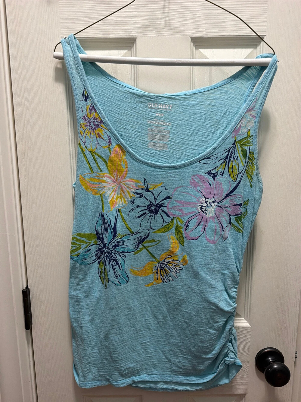 Old Navy Maternity Tank Top Floral Print Ruched Sides Teal Blue Medium